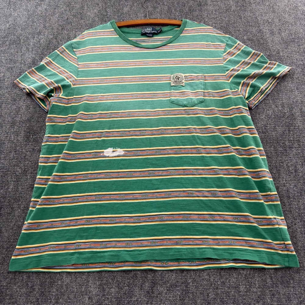 Vintage Faded 90s Polo Ralph Lauren Aztec Indian Head Western Striped Tee 2XL